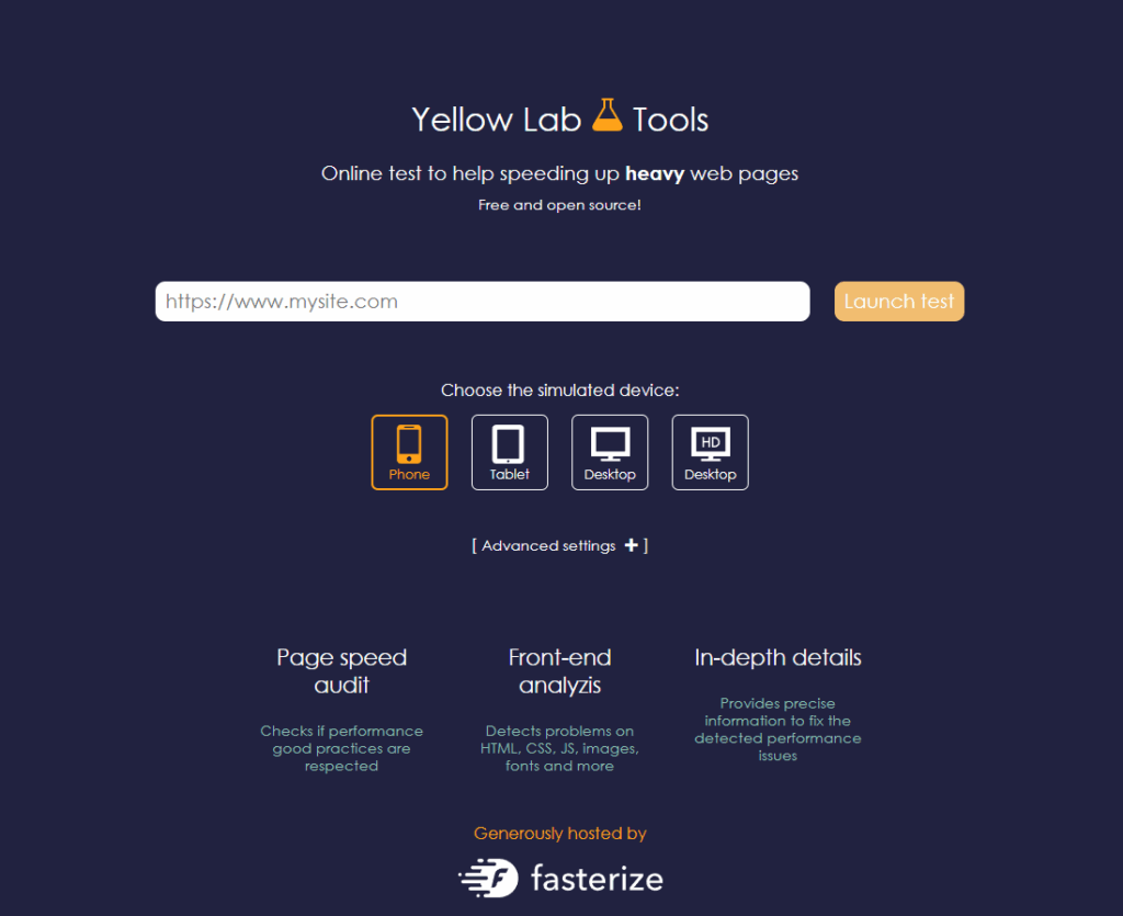 웹사이트 속도 측정 사이트 및 도구 TOP6 46 웹사이트 속도 측정 - Yellow Lab Tools(모바일 설정 속도 테스트)
