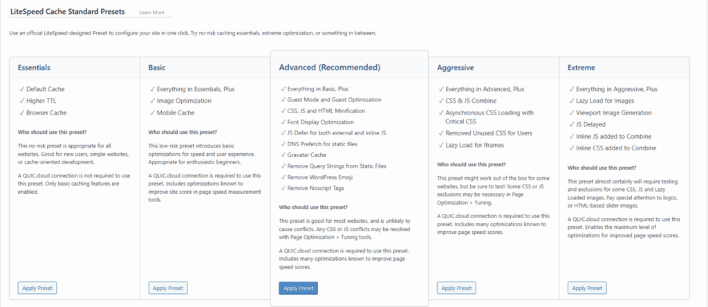 LiteSpeed Cache 설정 화면[영어]
