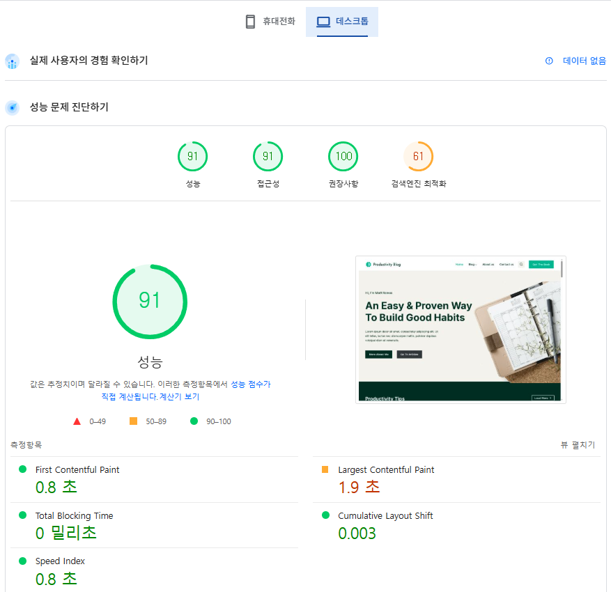 구글 페이지스피드 FastComet 성능 테스트(ListSpeed Cache&CDN[데스크탑]