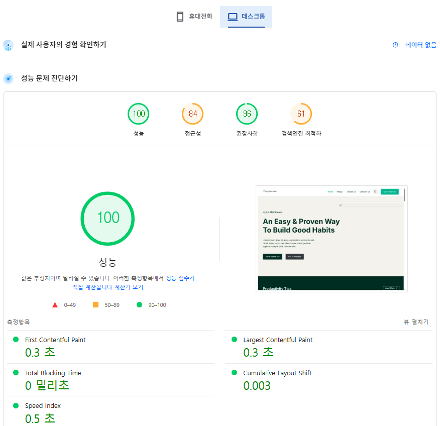 구글 페이지스피드 FastComet 성능 테스트[데스크탑]