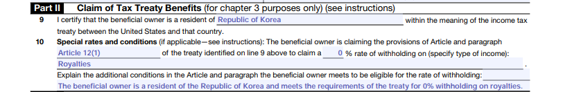 W-8BEN: 작성법 예시_한국 개인 및 개인사업자, 번역본 2 W-8BEN 작성법_PART 2-애드센스 예시