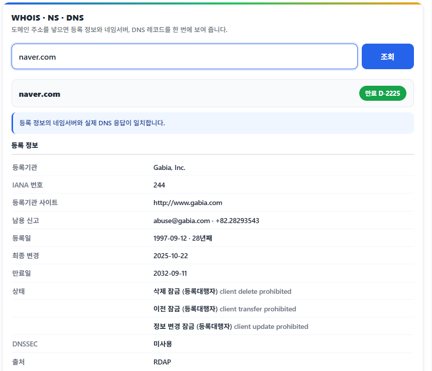 후이즈 도메인 조회·네임서버 확인: 도메인 입력 → DNS 레코드 체크 1 후이즈 도메인 조회 사용 예시(naver)