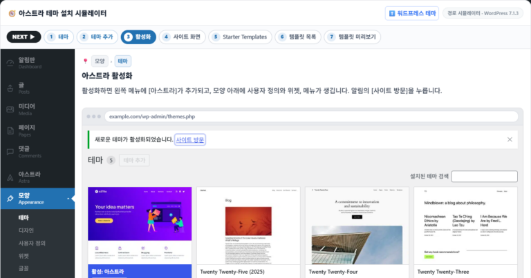 WordPress: Konsep dan Fitur | Mengapa Memakai WordPress? 22 Simulator instalasi tema Astra, langkah 3 layar aktivasi: pemberitahuan “Tema baru diaktifkan”, kartu Astra yang aktif, dan menu Astra yang ditambahkan di menu kiri