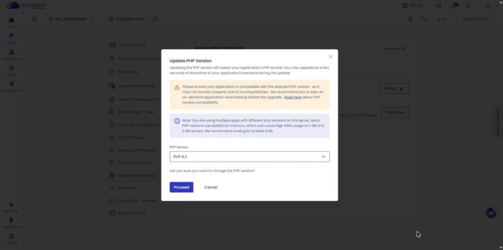 Fenêtre Update PHP Version : PHP 8.3 choisi dans le champ PHP Version, bouton Proceed actif, bouton Cancel