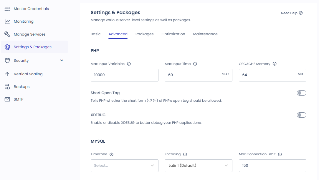 Cloudways 的 Object Cache Pro:Varnish、Redis 與 Breeze 外掛設定,以及清除快取 4 Cloudways 伺服器選單:開啟 Settings & Packages 的 Advanced 分頁,可見 PHP 與 MySQL 設定欄