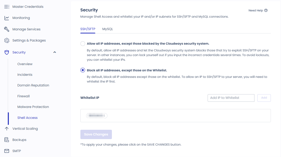 클라우드웨이즈 SFTP & SSH 접속 방법: 파일질라 설정과 SSH 키 등록, IP 화이트리스트 5 클라우드웨이즈 Shell Access 화이트리스트 설정 화면