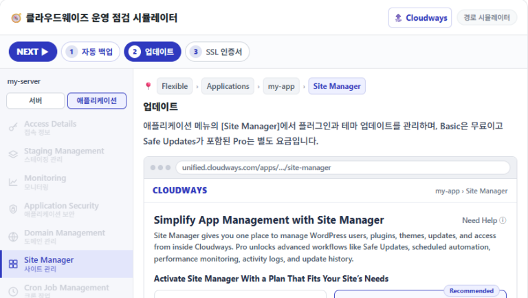 클라우드웨이즈 소상공인: Vultr 서울 1GB로 운영한 한 달 비용과 관리할 일 71 클라우드웨이즈 소상공인 운영 점검 시뮬레이터: 애플리케이션 Site Manager 화면