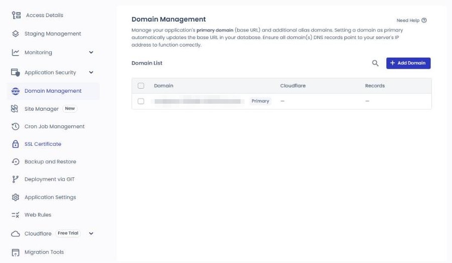 小規模ビジネス向けCloudways:Vultrソウル1GBで1か月運用した費用と管理すべきこと 2 CloudwaysアプリケーションのDomain Management画面