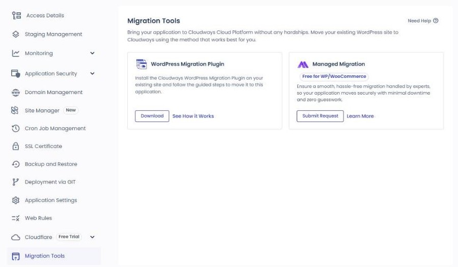 Cloudways移行:WordPress Migratorプラグインと無料移行リクエスト、DNS変更 1 CloudwaysアプリケーションのMigration Tools画面