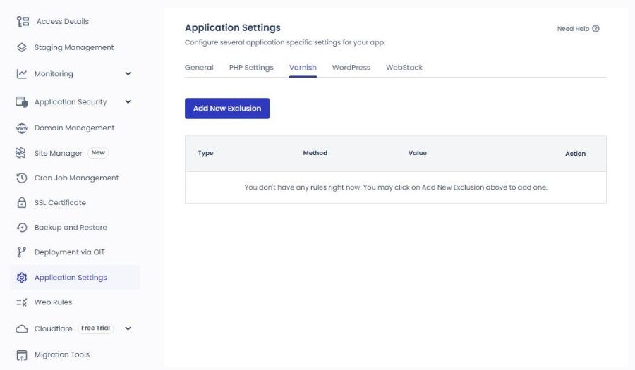 클라우드웨이즈 캐시: Varnish·Redis·Object Cache Pro와 Breeze 설정, 캐시 비우기 6 클라우드웨이즈 Application Settings Varnish 탭 Add New Exclusion 화면