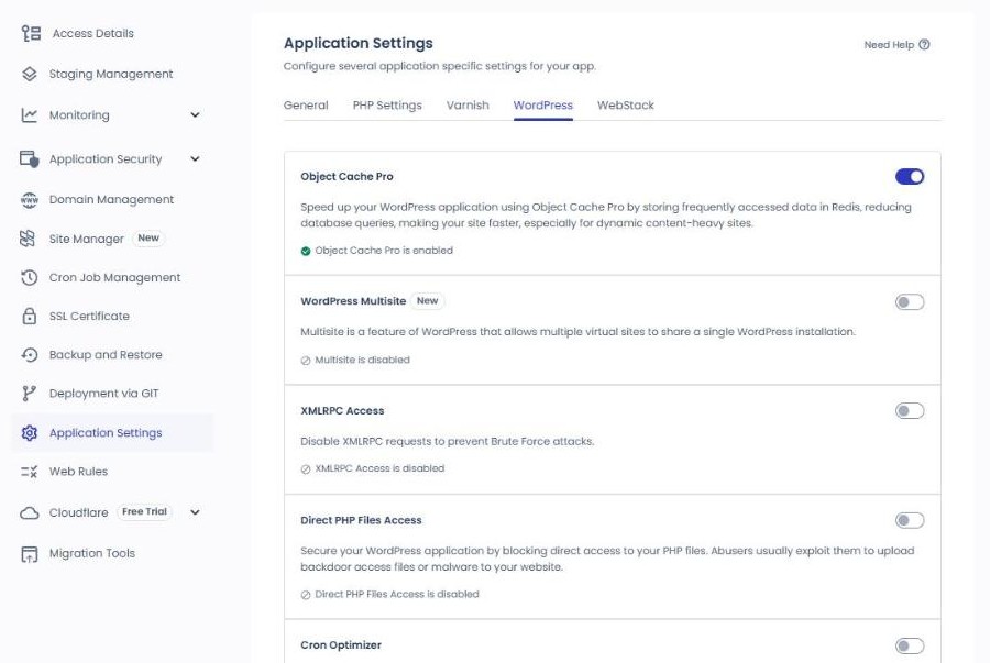 클라우드웨이즈 캐시: Varnish·Redis·Object Cache Pro와 Breeze 설정, 캐시 비우기 8 클라우드웨이즈 Application Settings WordPress 탭 Object Cache Pro 설정