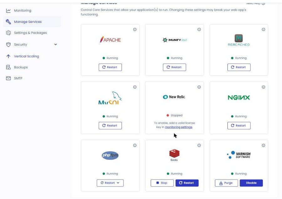 클라우드웨이즈 리뷰: 테스트 서버 실측과 넉 달 청구서, 2026년 사용 후기 23 Manage Services 화면: Apache·Imunify360·Memcached·MySQL·New Relic·Nginx·PHP FPM·Redis·Varnish 서비스 카드(2026년 10월)
