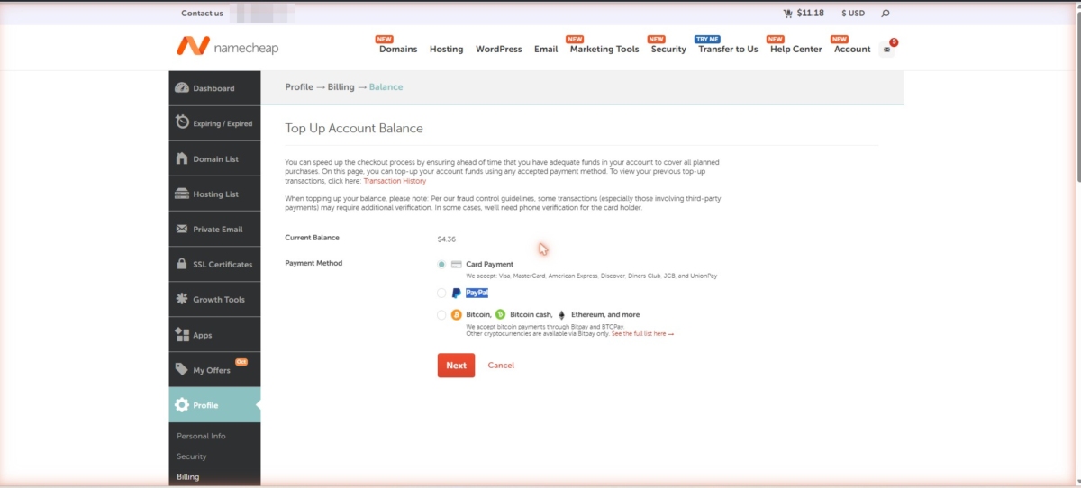 中古ドメインとは?| ドメインの再購入 7 Namecheapアカウント残高のチャージ画面 Top Up Account Balance