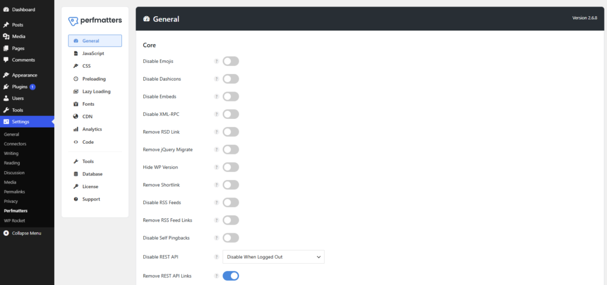 워드프레스 REST API: 완전히 끄지 않고 로그아웃 상태만 막는 이유 1 WordPress Settings → Perfmatters → General(워드프레스 REST API)
