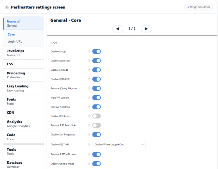 워드프레스 REST API: 완전히 끄지 않고 로그아웃 상태만 막는 이유 82 Perfmatters settings simulator: General → Core