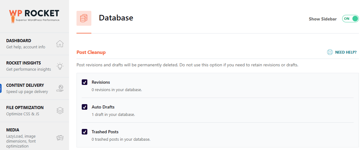 wp-config.php Basic Settings: From File Location to Memory and Revisions 4 WP Rocket database revision cleanup screen