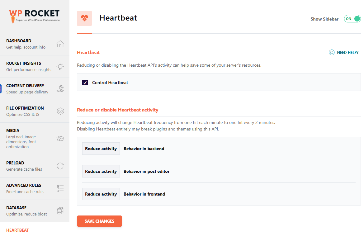wp-config.php Basic Settings: From File Location to Memory and Revisions 2 WP Rocket Heartbeat settings screen