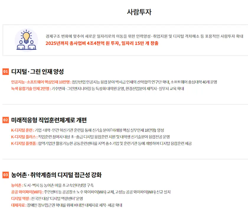 한국판뉴딜정책 : 대한민국 대전환 10대과제 요약 5 안전망강화 - 사람투자