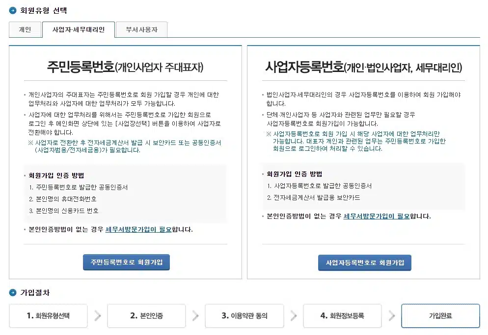 국세청 홈택스 회원가입 방법(국세청 연락처 126) 2 홈택스 회원가입 방법-홈택스 사업자 가입- 사업자 등록번호 가입 경로