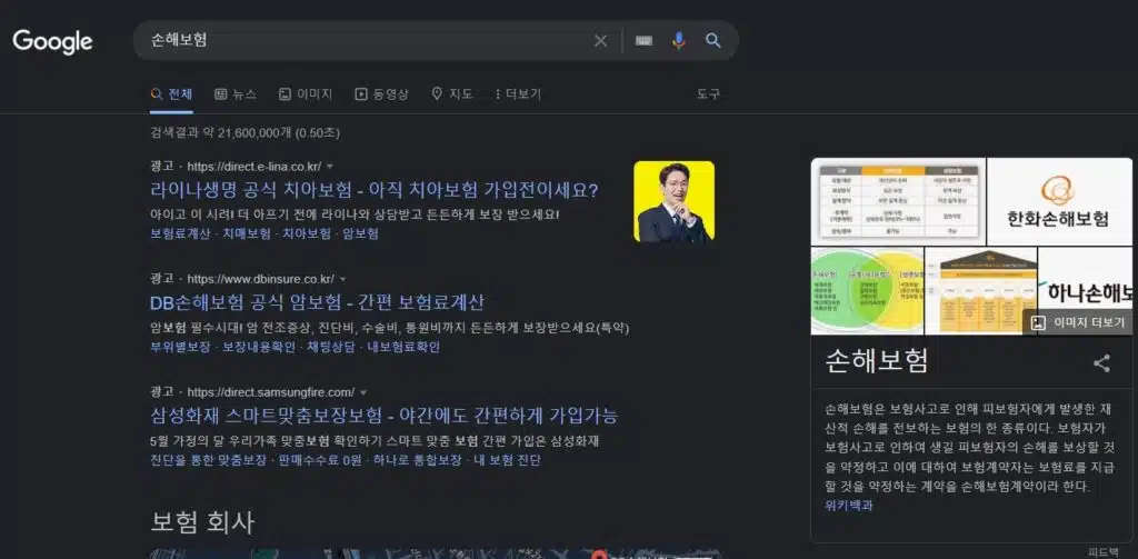 SEO란-(search engine optimization:검색 엔진 최적화) 1 검색 엔진 최적화 중요성 - 손해보험 검색 시 광고