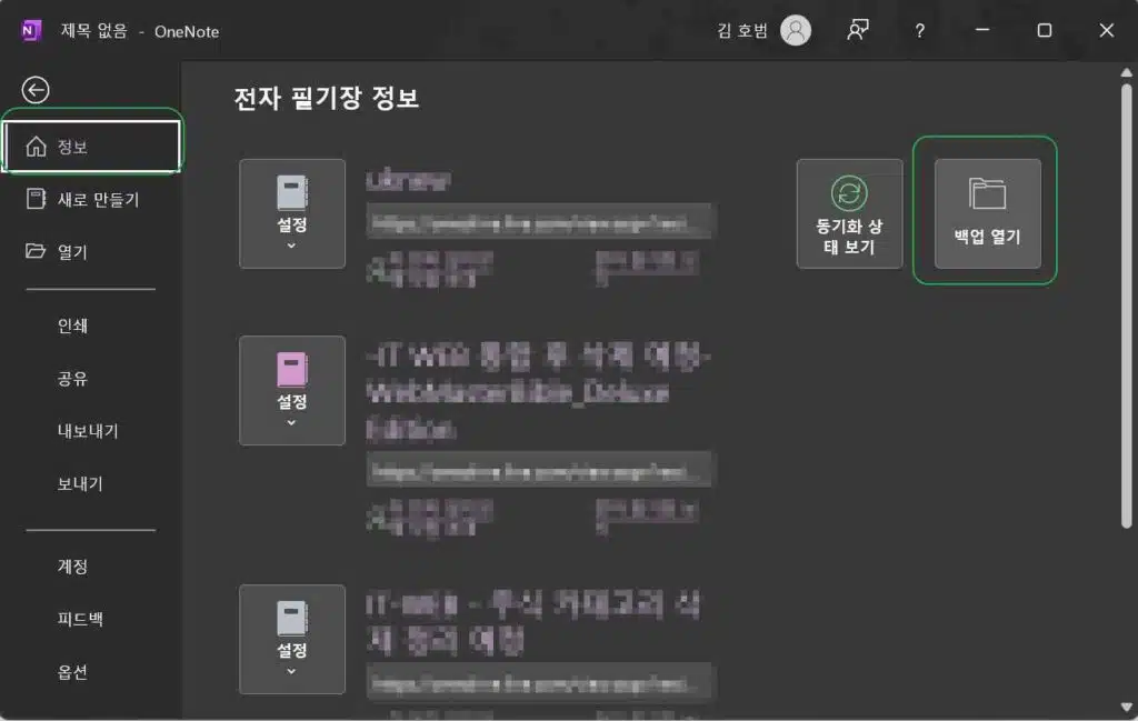 원노트 백업 방법-One Note 2016 PC 옵션 설정 5 원노트 백업 파일 열기