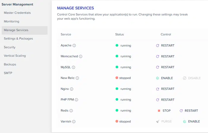 Cloudways 호스팅 사용 후기(2023) 1 Cloudways 호스팅 Server 인터페이스 Manage Services