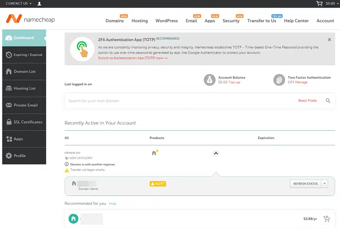 Namecheap Domains Vs Google Domains 포함 5개 도메인 등록 기관 비교 3 도메인 등록 기관 Namecheap Domains-메인 대시보드 화면