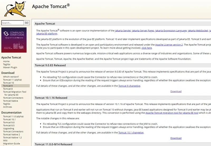 리눅스 톰캣 설치 1 리눅스 톰캣 설치를 위해 Apache Tomcat 사이트 접속