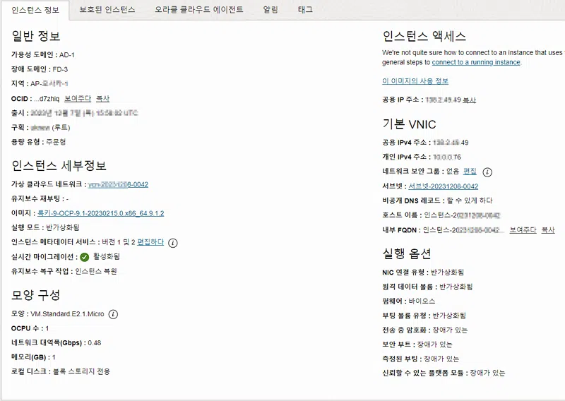 오라클 클라우드 무료 서버 사용 방법 | 상시 무료 클라우드 서비스 스펙 13 오라클 클라우드 컴퓨팅-세팅 후 인스턴스 정보