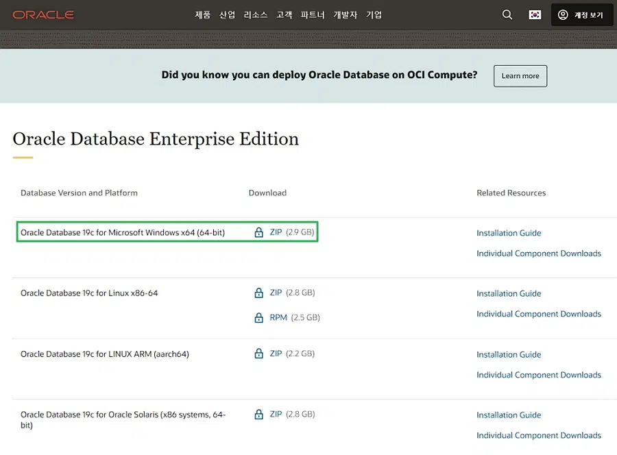 Oracle: Window 오라클 19c 설치 1 Window 오라클 19c 설치(다운로드 링크)