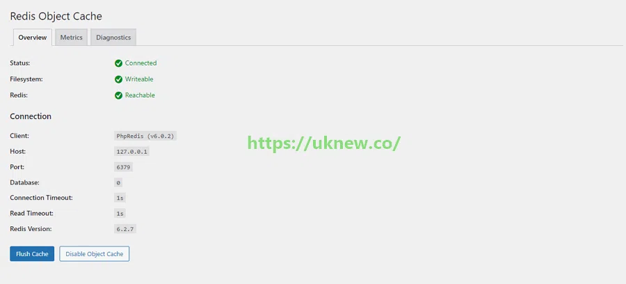워드프레스 Redis Cache 설치 및 설정 2 Redis Objact Cache 플러그인 상태 화면