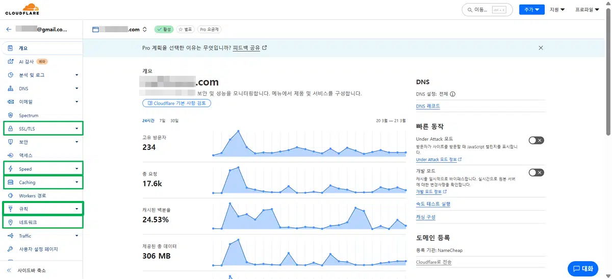 클라우드플레어 CDN 설정(Pro 플랜) 3 클라우드플레어 계정 화면-기본 세팅