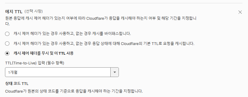 클라우드플레어 CDN 설정: Pro 플랜 48 클라우드플레어 확장자 캐시 룰_2 - 에지 TTL 1개월