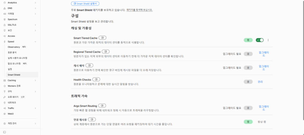 클라우드플레어 CDN 설정: Pro 플랜 34 클라우드플레어 Smart Shield 메인 화면