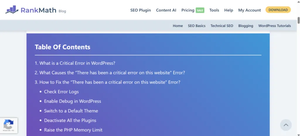 워드프레스 "There has been a critical error on your website" 오류 원인과 해결 과정 5 랭크매스-웹사이트에 심각한 오류가 발생했습니다_블로그 설명글(영어)