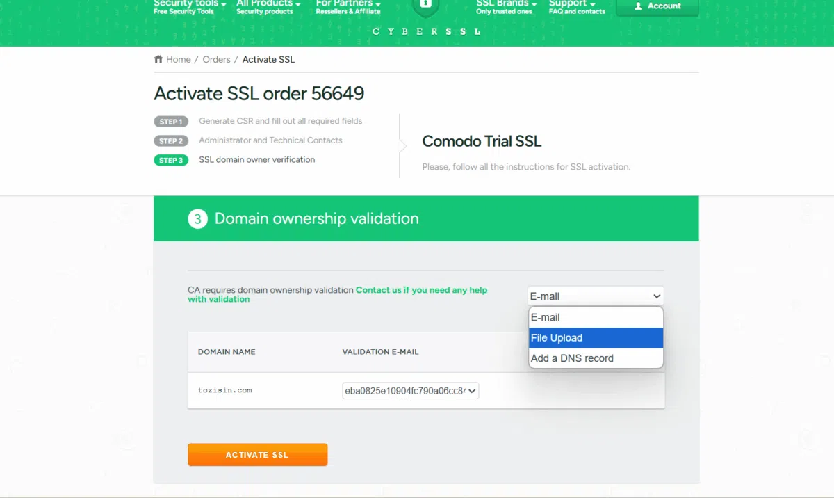 SSL 인증서 설치(Sectigo) 9 30일 Free SSL 설치_소유권(DCV)인증_파일 업로드_COMODO