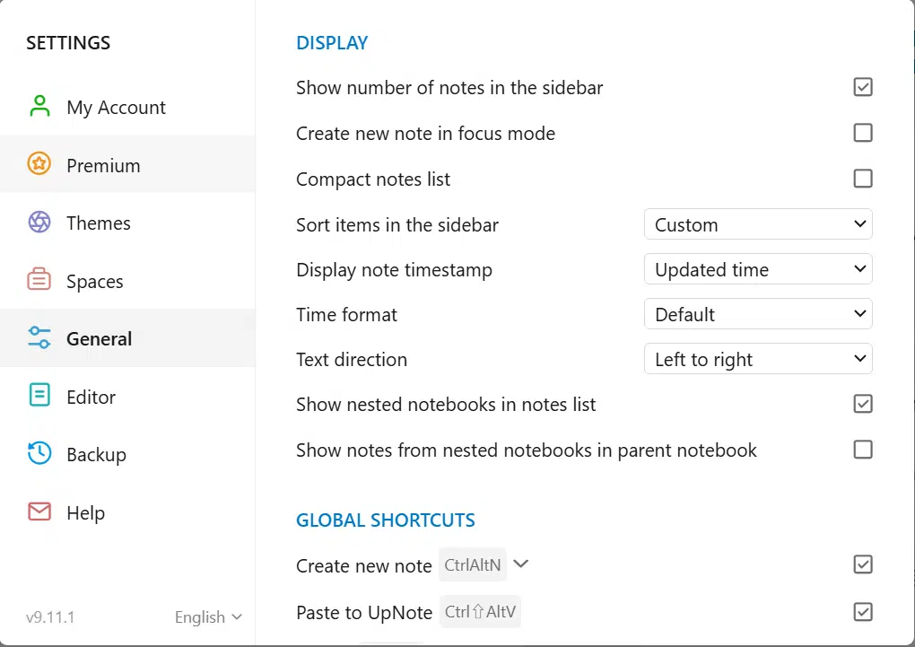 UpNote 설정 화면(영어)