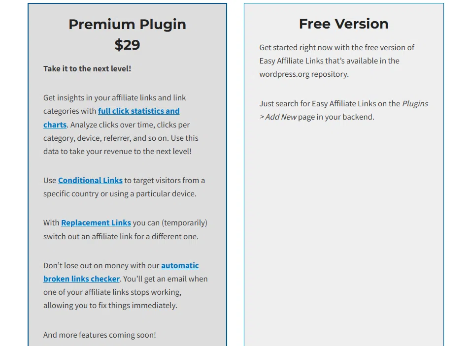 워드프레스 어필리에이트 플러그인 TOP 7: 가격·평점·UI·기능 2 워드프레스 어필리에이트 플러그인-Easy Affiliate Links 가격표