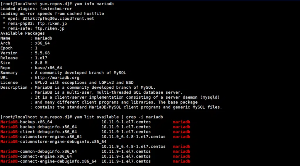 CentOS 7 yum.repo에서 현재 설정되어 설치될 MariaDB-Server 조회_