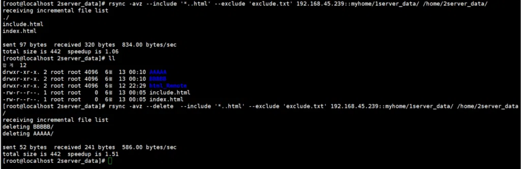 Rsync 명령어: 옵션 | 사용 예시 6 rsync 명령어_원격에서 로컬_delete, include, exclude 옵션 사용