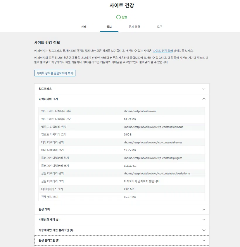워드프레스 플러그인: Health Check&Troubleshooting | 플러그인 충돌 테스트 16 Health Check&Troubleshooting-정보 탭