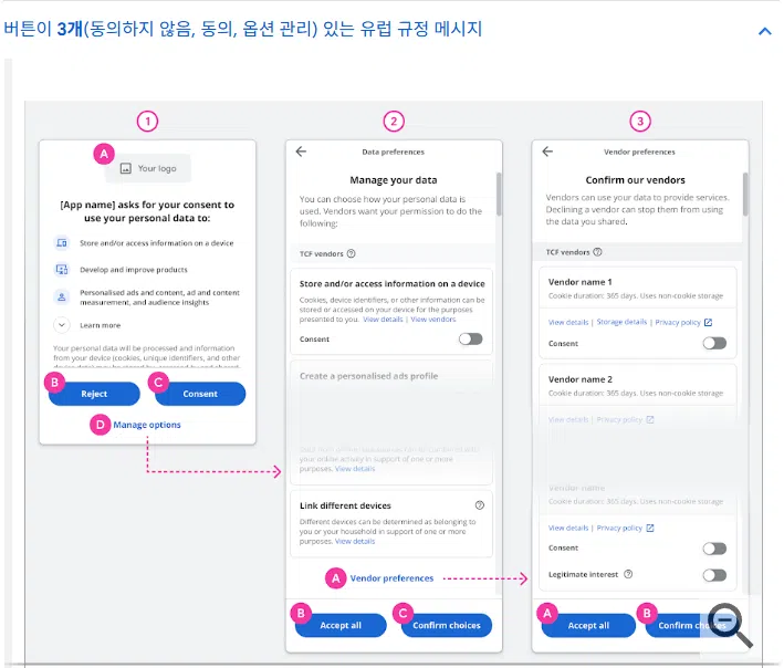 구글 CCPA 및 GDPR 메시지 확인 테스트 2 구글 GDPR 메시지 확인 안내 - 3개의 버튼