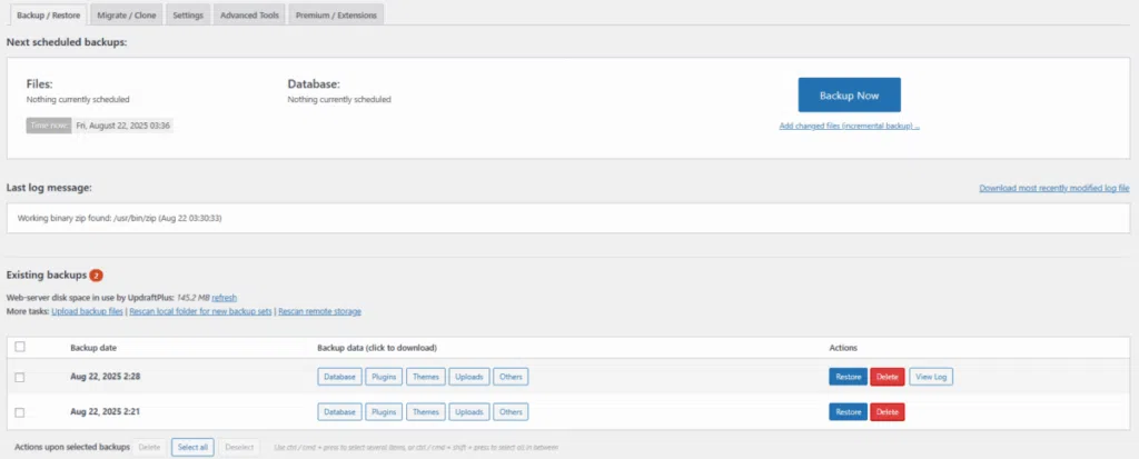 UpdraftPlus 플러그인-백업과 복원 1_[영어]