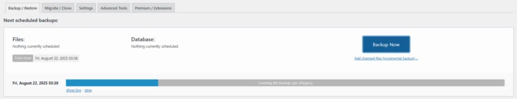 UpdraftPlus 플러그인-백업과 복원 3_백업 파일 생성 [영어]