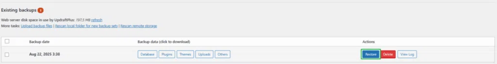 UpdraftPlus 플러그인-백업과 복원 4_복원 1 [영어]