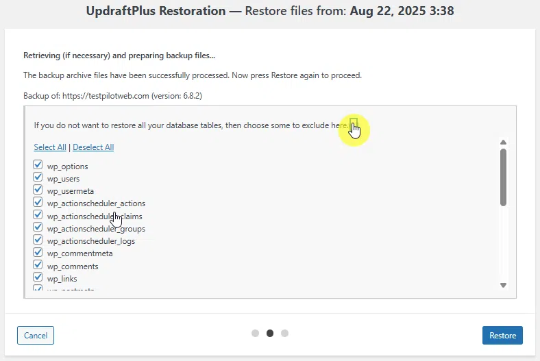 UpdraftPlus 플러그인-백업과 복원 4_복원 3 [영어]