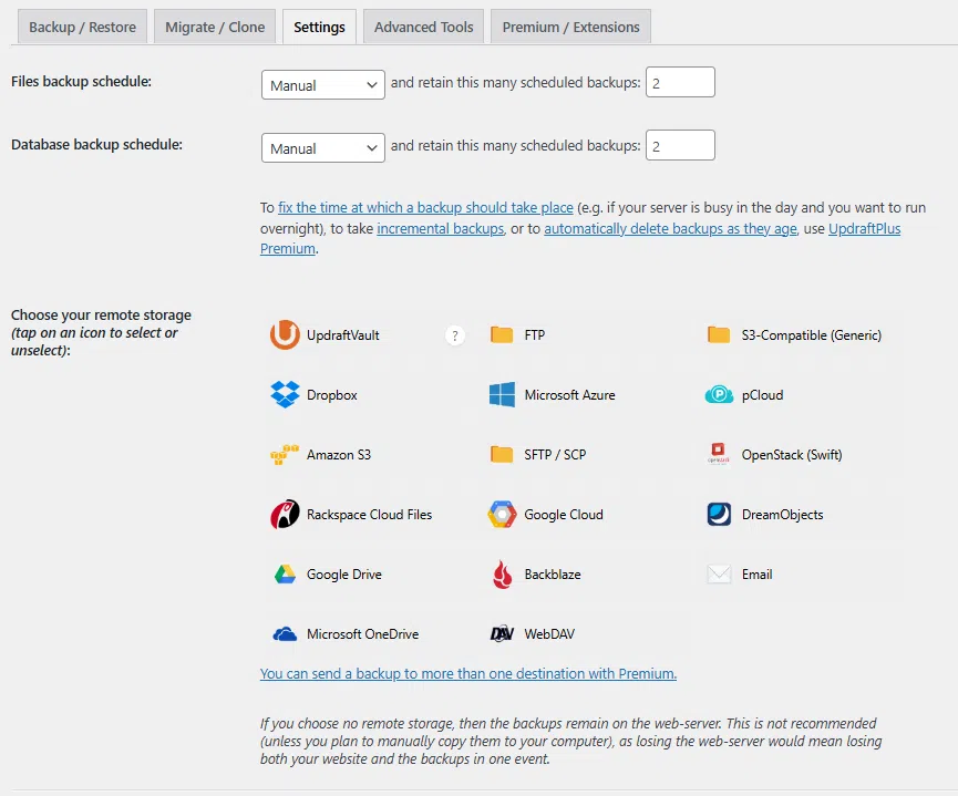 UpdraftPlus 플러그인- 설정 탭_ 파일 백업 일정 [영어]