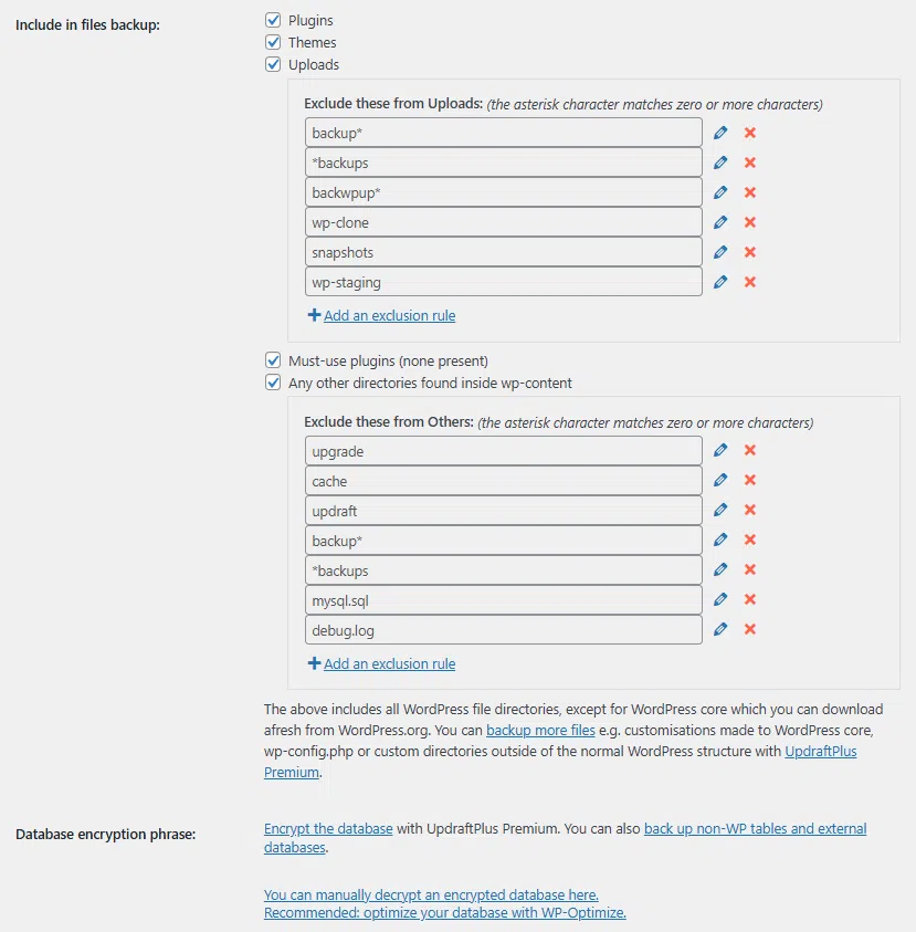 UpdraftPlus 플러그인- 설정 탭_ 파일 백업에 포함할 항목 [영어]