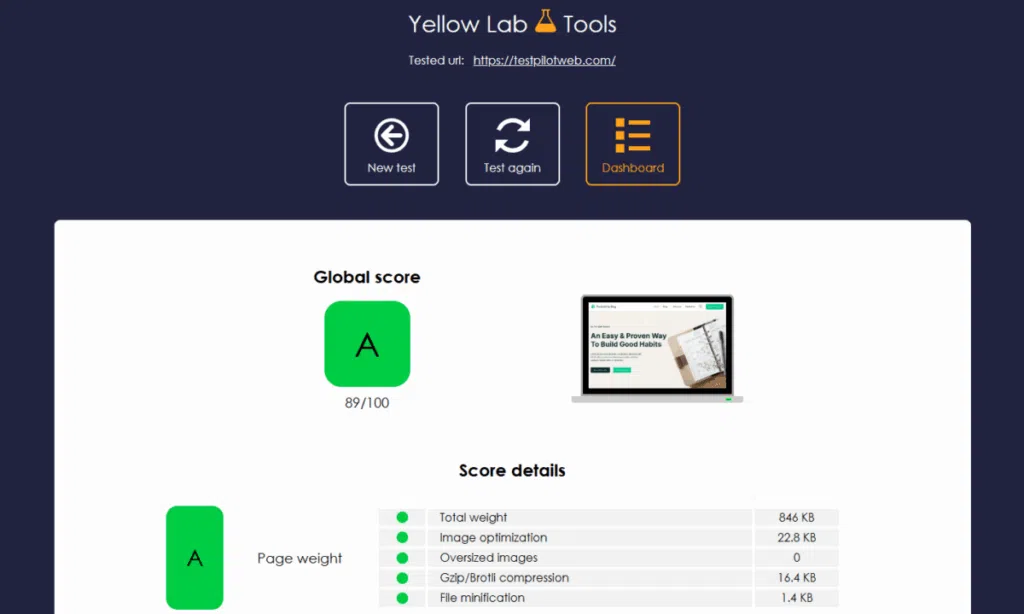 웹사이트 속도 측정 사이트 및 도구 TOP6 24 웹사이트 속도 측정 - Yellow Lab Tools_데스크탑 결과