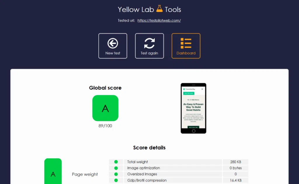 웹사이트 속도 측정 사이트 및 도구 TOP6 23 웹사이트 속도 측정 - Yellow Lab Tools_모바일 결과